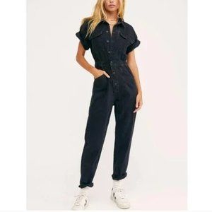 Free People Marci Denim Jumpsuit Short Sleeve in Iron Black